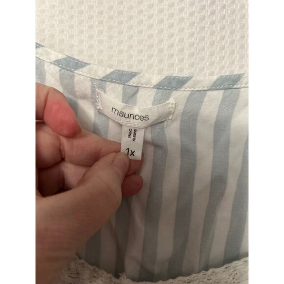 Maurices Blue White Embroidered Striped Crochet Trim Cold Shoulder V Neck Top 1X - Picture 6 of 11